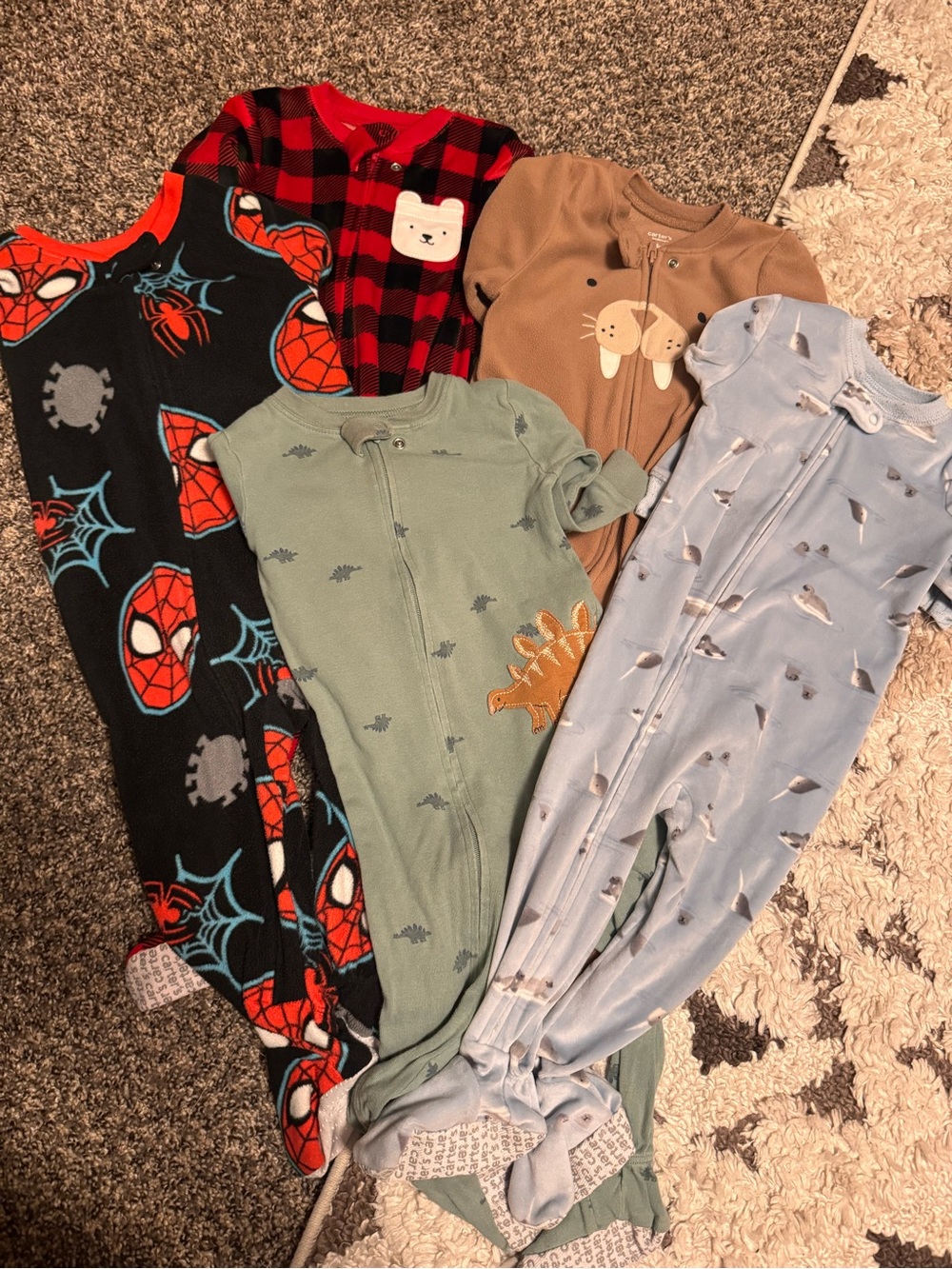LOT of 5 18 mo footie Sleepwear Pack - Carters and Marvel Spider-Man